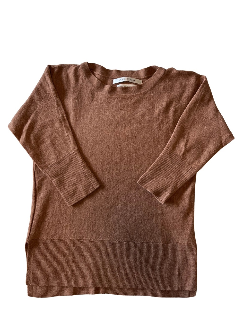100% Extrafine Merino Wool Rust Brown Crewneck Sweater Sz M Luxe Cozy Crewneck